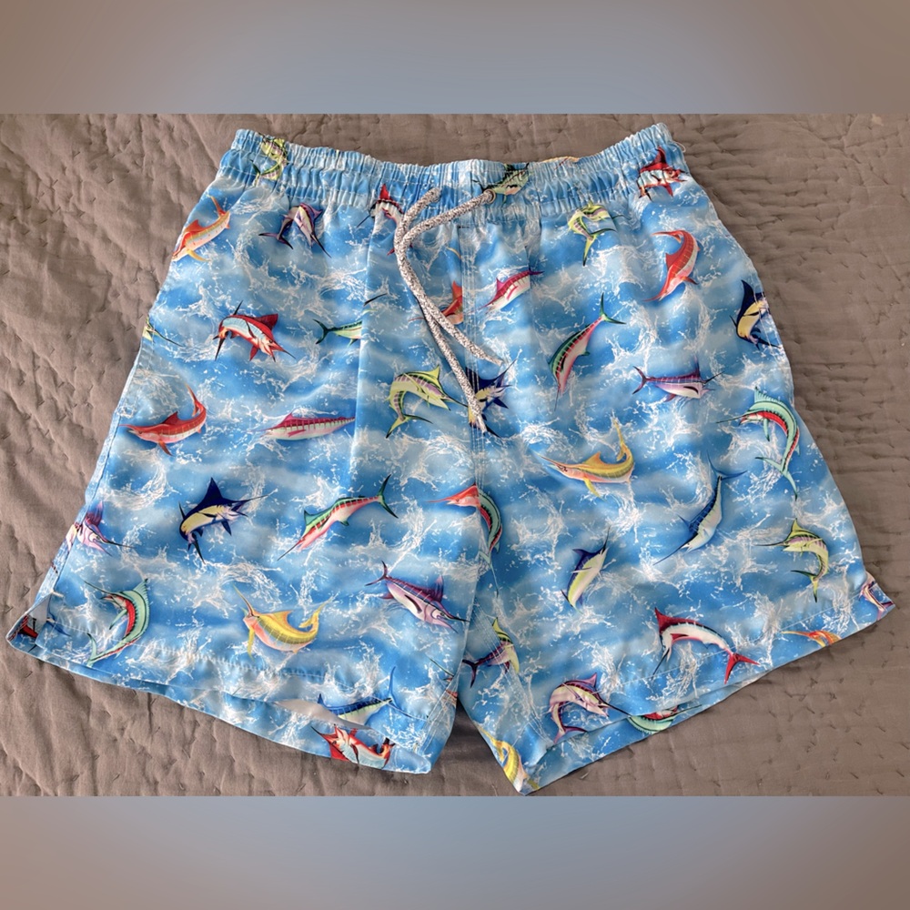 Michaels Blue Swim Shorts Trunks Fish Marlin Drawstring Size Large Pockets Brief